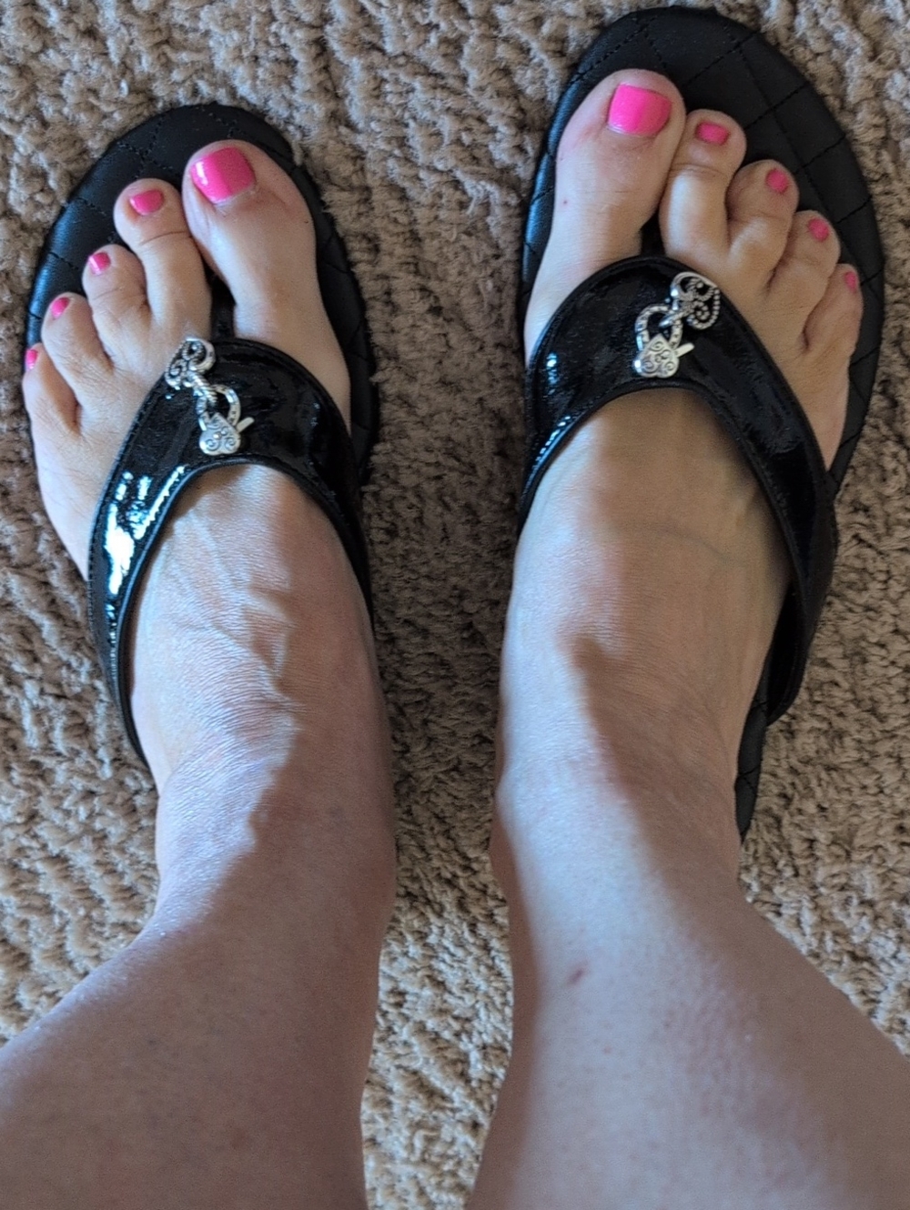 Brighton Black Patent Flip Flop Sandals with Silver Decorative Accent